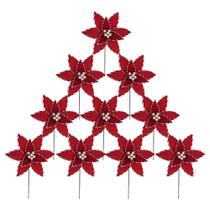 Kit 10 Poinsetia Decorativa Natalina Vermelha com Bordas Vermelha e Branca 35cm Tok da Casa