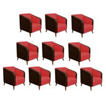 Kit 10 Poltrona Silmara Compose material sintético Nozes Decorativa Pés Madeira 2 Lugares Sala de Estar Recepção Escritório Consultório material sintético Vermelho - KDAcan