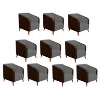 Kit 10 Poltrona Silmara Compose Tecido Sintético Nozes Decorativa Pés Madeira 2 Lugares Sala de Estar Recepção Escritório Consultório Suede Cinza -