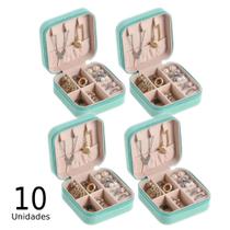 Kit 10 Porta Jóias Estojo Portátil Luxo Compacto Quadrado Viagem Couro Brinco Bijuteria