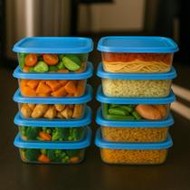 Kit 10 Potes 1 Litro Transparente Tampa Azul Marmitas Fitness Organizador Geladeira livre BPA