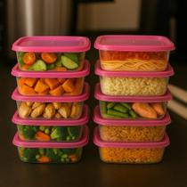 Kit 10 Potes 1 Litro Transparente Tampa Rosa Marmitas Fitness Organizador Geladeira livre BPA