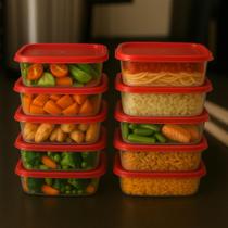 Kit 10 Potes 1 Litro Transparente Tampa Vermelha Marmitas Fitness Organizador Geladeira livre BPA