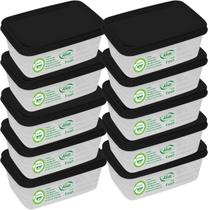 Kit 10 Potes 500ml Tampa Preta 11cm Empilhável Lava-Louça Quadrado Tampa Trava Vedação Conserva Mantimento Frutas Cereal