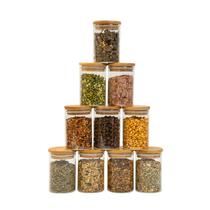 Kit 10 potes de vidro 250ml com tampa de bambu herméticos redondos - Tüd Kit 10 potes de vidro 250ml com tampa de bambu herméticos redondos - Tüd