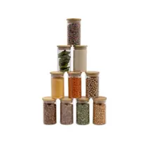 kit 10 potes de vidro 300ml com tampa de bambu herméticos redondos - Oikos kit 10 potes de vidro 300ml com tampa de bambu herméticos redondos - Oikos
