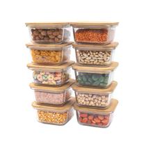 kit 10 potes de vidro 380ml com tampa de bambu hermético quadrados - Tud