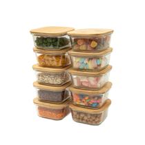 kit 10 potes de vidro 550ml com tampa de bambu hermético quadrados - Tud