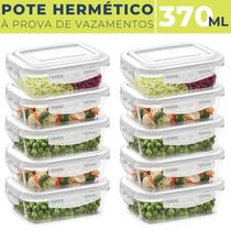 Kit 10 Potes de Vidro Hermético Marmita 4 Travas 370 ml Fitness Mantimentos Tampa Alimentos Microondas Retangular Jogo