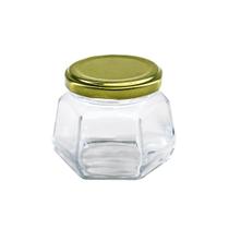 Kit 10 Potes de Vidro Sextavado 170ml Multiuso Tampa Dourada Kit 10 Potes de Vidro Sextavado 170ml Multiuso Tampa Dourada