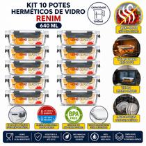 Kit 10 Potes Herméticos De Vidro Borossilicato Marmita MicroOndas Freezer Tampa Com 4 Travas 640ml Livre de BPA Renim Kit 10 Potes Herméticos De Vidro Borossilicato Marmita MicroOndas Freezer Tampa Com 4 Travas 640ml Livre de BPA Renim