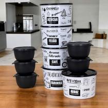 Kit 10 Potes Porta Mantimento e Condimento Alimento Decorado Branco e Preto Cozinha