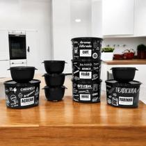 Kit 10 Potes Porta Mantimento e Condimento Alimento Decorado Branco e Preto Kit 10 Potes Porta Mantimento e Condimento Alimento Decorado Branco e Preto