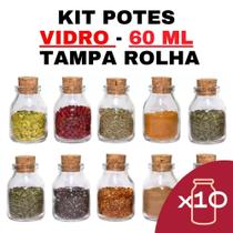 Kit 10 Potes Vidro Com Rolha 60Ml Frascos Temperos Essência