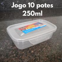 Kit 10 Potinhos Retangular Tampa com Trava 250ml Transparente BPA FREE Marmita Reutilizável