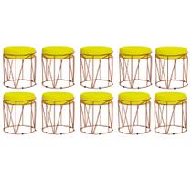 Kit 10 Puffs Decorativo Redondo Sol Base Bronze Suede Amarelo