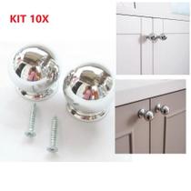 Kit 10 puxador redondo prata luxo para moveis gaveta armario ponto bola furo unico parafuso
