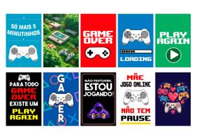 Kit 10 quadros Tema Games Videogames Retro Frases Jogos Nerd Geek 14x20 decoração quarto gamer presente