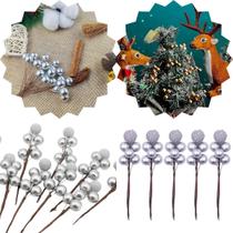 Kit 10 Ramo Pick Berries Natalino 10cm Prata Dourado - Enfeite Decoração Árvore Guirlanda Festas Finas Artesanato