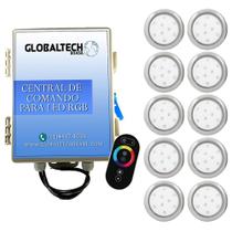 Kit 10 Refletor Led Piscina Rgb 9W Inox + Central Touch Enca