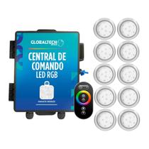 Kit 10 Refletor LED Piscina RGB 9W Inox + Central Touch