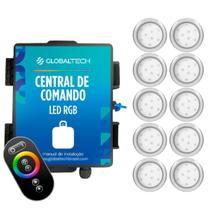 Kit 10 Refletor LED Piscina RGB 9W Inox + Central Touch