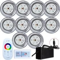 Kit 10 Refletores Led 9w RGB Inox e Comando para Iluminação Piscina