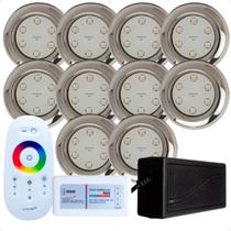 Kit 10 Refletores Led 9w RGB Inox S Iluminação Piscina e Comando