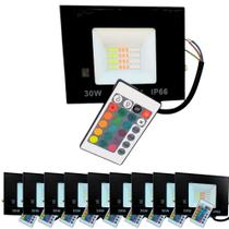 Kit 10 Refletores Led Holofote 30w Rgb Colorido Com Controle