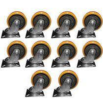Kit 10 Rodas 127Mm Ferro Com Poliuretano 5'' Placa Giratória