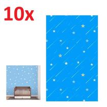 Kit 10 rolos de papel de parede infantil azul com estrelas folha adesiva