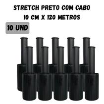 Kit 10 Rolos Filme Stretch Preto Cabo 10cmx120metros Aplicador Giratório