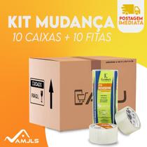 Kit 10 Rolos Fita Adesiva 40 Metros Transparente Empacotar + 10 Caixas Papelão Embalagem Uso Geral