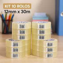 Kit 10 Rolos Fita Adesiva Transparente 12mm x 30m Fita Escolar, Escritório, Papelaria e Uso Geral