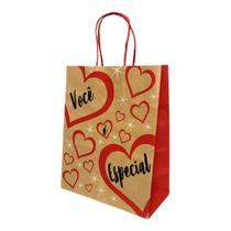 Kit 10 Sacola Para Presente Amor Papel Kraft 17,5X8,5X21,5Cm