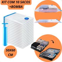 Kit 10 Sacos a Vácuo 50x60cm com Bomba Manual Organizador de Roupas, Edredons e Malas Reutilizável, Resistente e Impermeável
