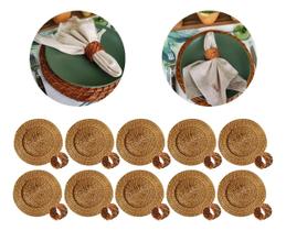 Kit 10 Sousplat + 10 Anéis Guardanapo Rattan E Bambu Marrom Claro