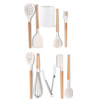 Kit 10 Utensílios De Cozinha Silicone Branco Cabo De Madeira