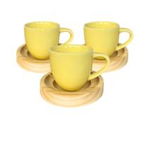 Kit 10 Xícaras Amarelas 95 ml Com Pires De Madeira Redondo