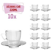 Kit 10 Xícaras Chá Vidro 220mL C/ Pires Moderna Transparente