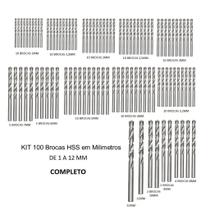 Kit 100 Brocas Aço Rapido 1 mm a 12 mm HSS DIN338 Kit 100 Brocas Aço Rapido 1 mm a 12 mm HSS DIN338