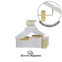 Kit 100 Cabides Adulto Madeira Branco com Presilhas Douradas