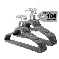 Kit 100 Cabides Veludo Slim Antideslizante Ultra Fino Com Porta Gravatas - Cinza