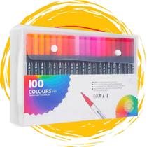 Kit 100 Caneta 2 em 1 Brush Lettering e Ponta Fina Dual Pen Canetinha Colorir Desenho