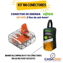 Kit 100 conectores de emenda 3 fios 221-413 4mm² WAGO
