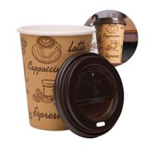 Kit 100 Copos de Café Descartável Papel 300ml Biodegradável Marrom com Tampa Lyor