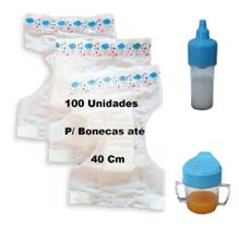 Kit 100 Fralda Para Boneca Pequena + Leite E Suco Magico Azul Menino - ED2