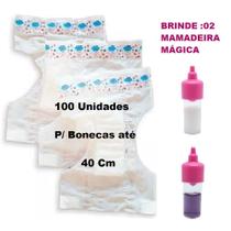 Kit 100 Fraldas Pequenas P/ Boneca Baby Alive New Born + Mamadeira Leite E Suco Magico Rosa - ED2