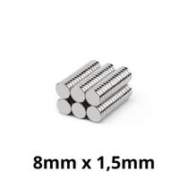 Kit 100 Imã Neodímio Disco Magnético N35 8x1,5 mm Super Forte Potente Redondo