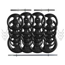 Kit 100 Kg de Anilhas Ferro Fundido + Barras de Supino e Halteres